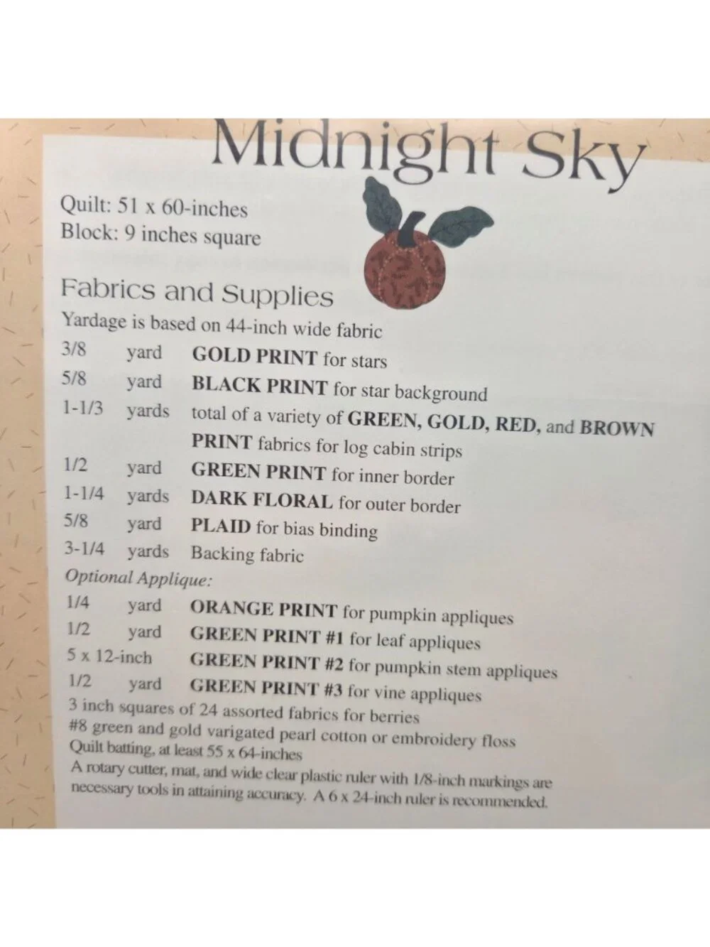 Midnight Sky Quilt Pattern Thimbleberries Lynette Jensen Pumpkins Stars 51x60